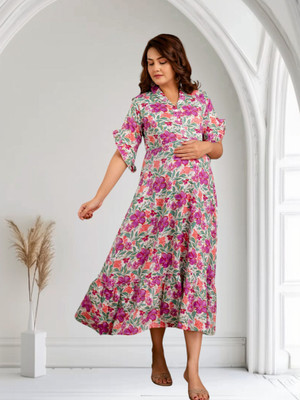 Henal Women Fit and Flare Pink Maxi/Full Length Dress