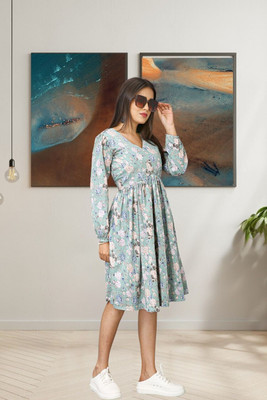 KASTURI Women Fit and Flare Light Green Below Knee Dress