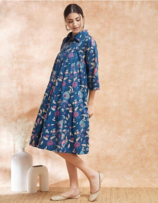 MOOLCHO Women A-line Blue Midi/Calf Length Dress