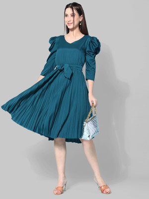 HOUSE OFF COMMON Women Fit and Flare Dark Blue Knee Length Dress