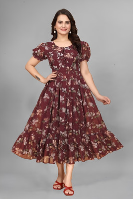 RUBAZ Women Fit and Flare Maroon Midi/Calf Length Dress