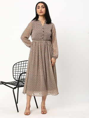 R&B Women Fit and Flare White, Brown Midi/Calf Length Dress