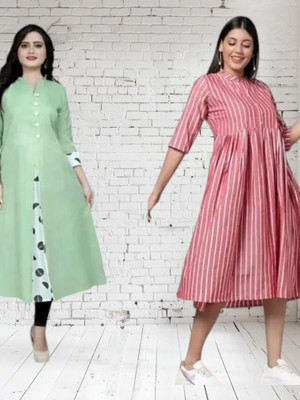 Icon Fashion Women Printed A-line Kurta(Green, Pink)