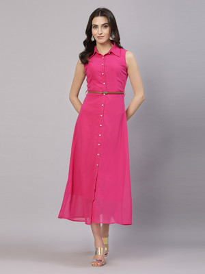 AAYU Women A-line Pink Midi/Calf Length Dress