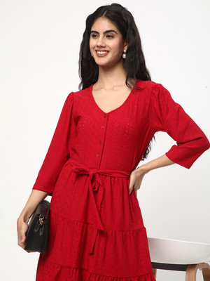 R&B Women A-line Red Midi/Calf Length Dress