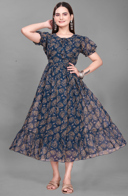 Parth Creation Women Fit and Flare Dark Blue Maxi/Full Length Dress