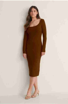 SWEVENFASHION Women Bodycon Brown Midi/Calf Length Dress