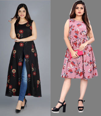 tanvi creation Women A-line Pink, Black Midi/Calf Length Dress