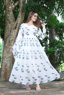 Yogiraj Enterprise Women Fit and Flare White, Blue Maxi/Full Length Dress
