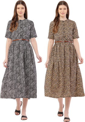 Hunoor Women Fit and Flare Brown, Blue Midi/Calf Length Dress