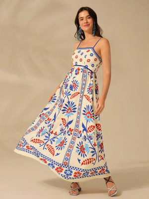 Seek By Sheetal Women Fit and Flare Blue, Beige Maxi/Full Length Dress