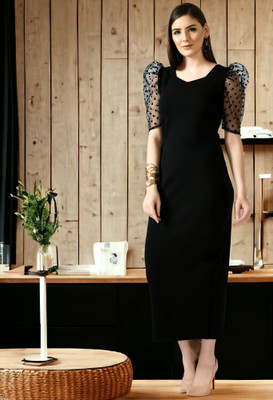 HouseOfCommon Women Bodycon Black Below Knee Dress