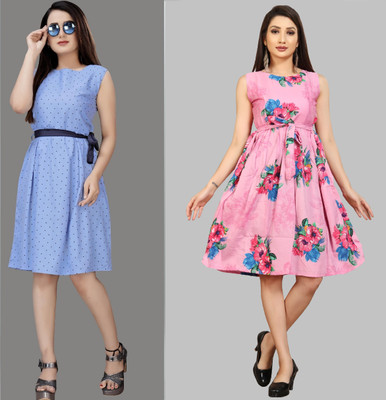 tanvi creation Women Fit and Flare Light Blue Below Knee Dress