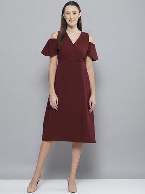 DENNISON Women Fit and Flare Maroon Knee Length Dress