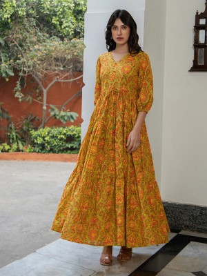 Janasya Women Tiered Green, Red, Yellow Dress