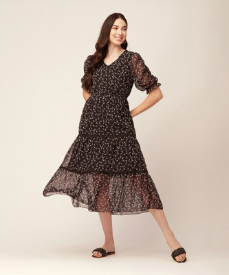 moomaya Women Fit and Flare White, Brown Midi/Calf Length Dress