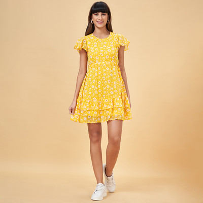 PEOPLE Women A-line Red, Yellow, White Above Knee/Mid Thigh Length Dress