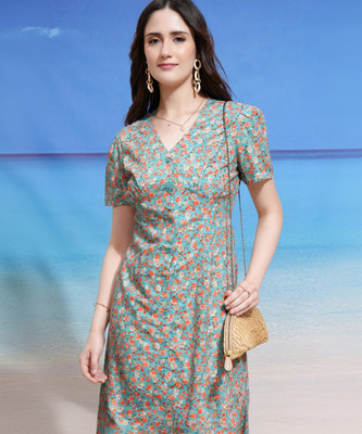 Tokyo Talkies Women Fit and Flare Blue Midi/Calf Length Dress