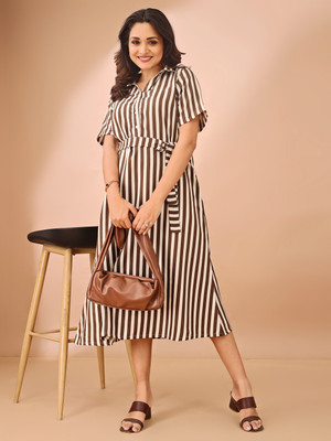 all about you Women A-line Brown Midi/Calf Length Dress