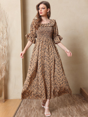 xqsee Women A-line Brown, Black Midi/Calf Length Dress