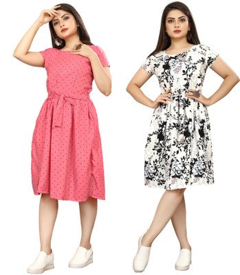 HouseOfCommon Women A-line Pink, Black Knee Length Dress