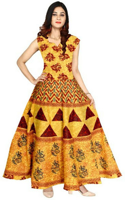 zalya Women Fit and Flare Yellow Maxi/Full Length Dress