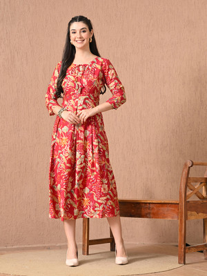Hariks Women Fit and Flare Red Midi/Calf Length Dress