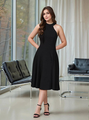 Dwarros Women A-line Black Below Knee Dress