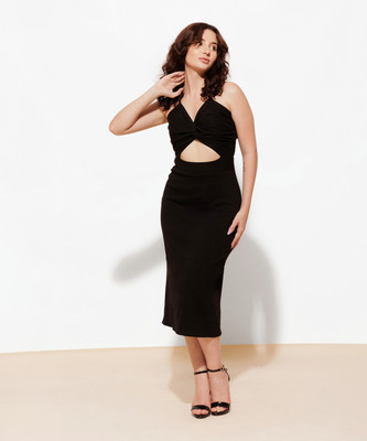Urban Sundari Women A-line Black Midi/Calf Length Dress