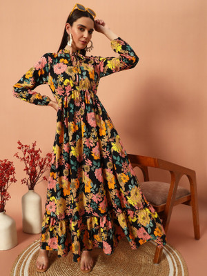 Jash Creation Women Fit and Flare Yellow Maxi/Full Length Dress