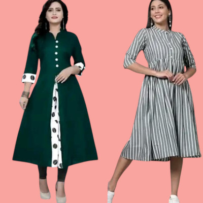 Suhani Creationnm Women Printed, Striped A-line Kurta(Green, Grey)