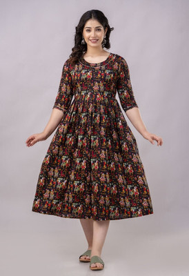 HouseOfCommon Women Fit and Flare Multicolor Midi/Calf Length Dress