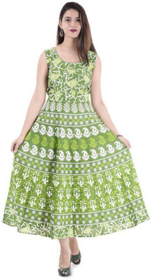 RAJDEVI JAIPUR PRINTS Women A-line Green Maxi/Full Length Dress