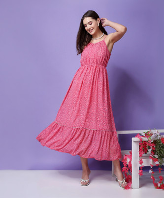 POPWINGS Women Fit and Flare Pink Maxi/Full Length Dress