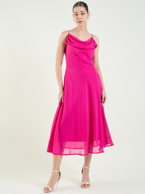 METRONAUT Women Fit and Flare Pink Midi/Calf Length Dress
