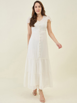AAYU Women A-line White Ankle Length Dress