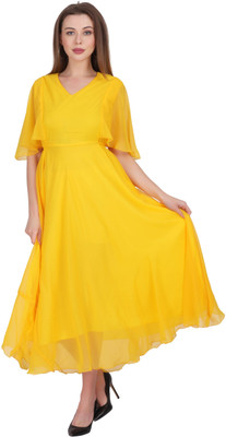 MUZUN Women A-line Yellow Midi/Calf Length Dress