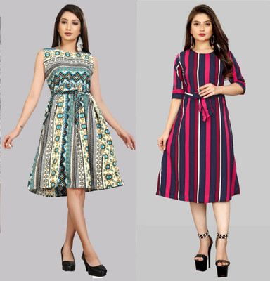 Hiral Creation Women Fit and Flare Pink Knee Length Dress