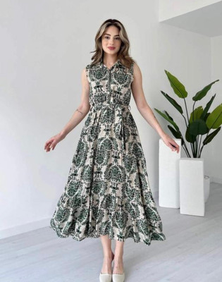 MANOJAVA Women Fit and Flare Green Ankle Length Dress