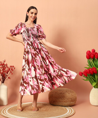 ZWERLON Women A-line Pink Midi/Calf Length Dress