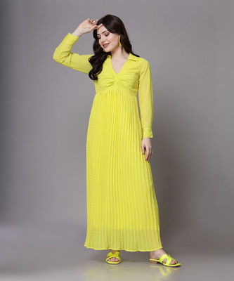 AAYU Women Fit and Flare Yellow Maxi/Full Length Dress