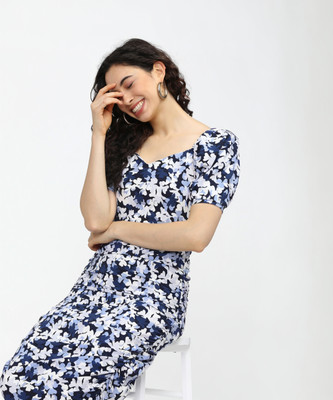 Tokyo Talkies Women Bodycon Blue, White Knee Length Dress