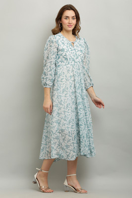 A R J FASHION Women A-line Light Green, White Midi/Calf Length Dress