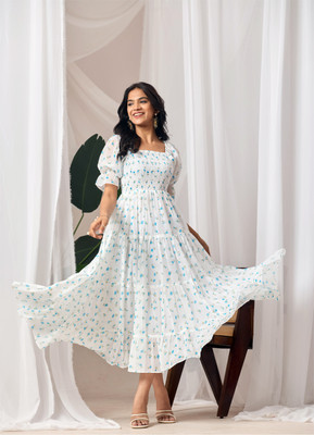 shiv creation Women Fit and Flare White Maxi/Full Length Dress