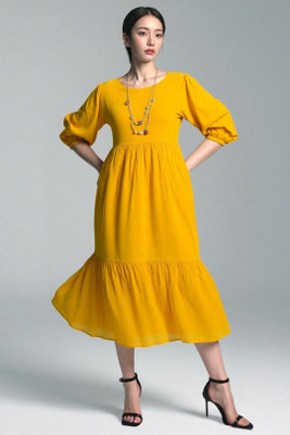 MOMIANDME Women Maxi Yellow Midi/Calf Length Dress