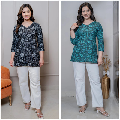 I N ENTERPRISES Casual Printed Women Black, Green Top