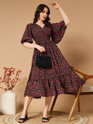 ZWERLON Women A-line Red Midi/Calf Length Dress