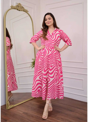 Tanishbiz Women A-line Pink Midi/Calf Length Dress