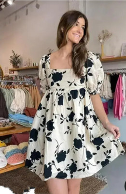 ROSHTA Women Fit and Flare White, Black Knee Length Dress