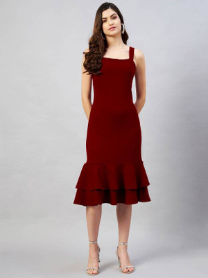 Newba Women A-line Maroon Midi/Calf Length Dress